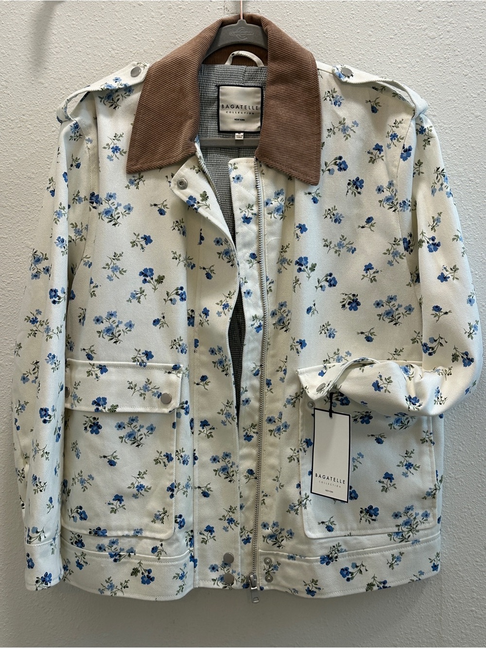 bagatelle Cream Jacket with Blue Floral Print and Brown Corduroy Collar
